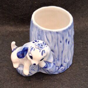 Vintage JOA Delft Blue Hand Painted Spaniel Puppy Dog Tree Stump Vase Decor